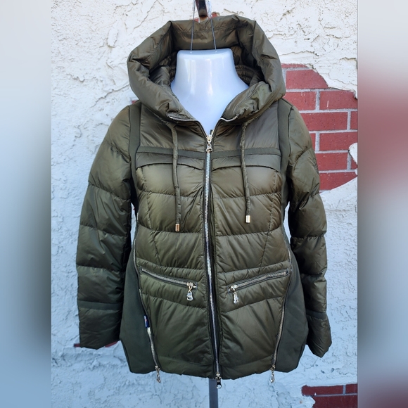 NWOT small jacket army olive green DUCK DOWN puffer jacket gold zipper hooded - Picture 2 of 16